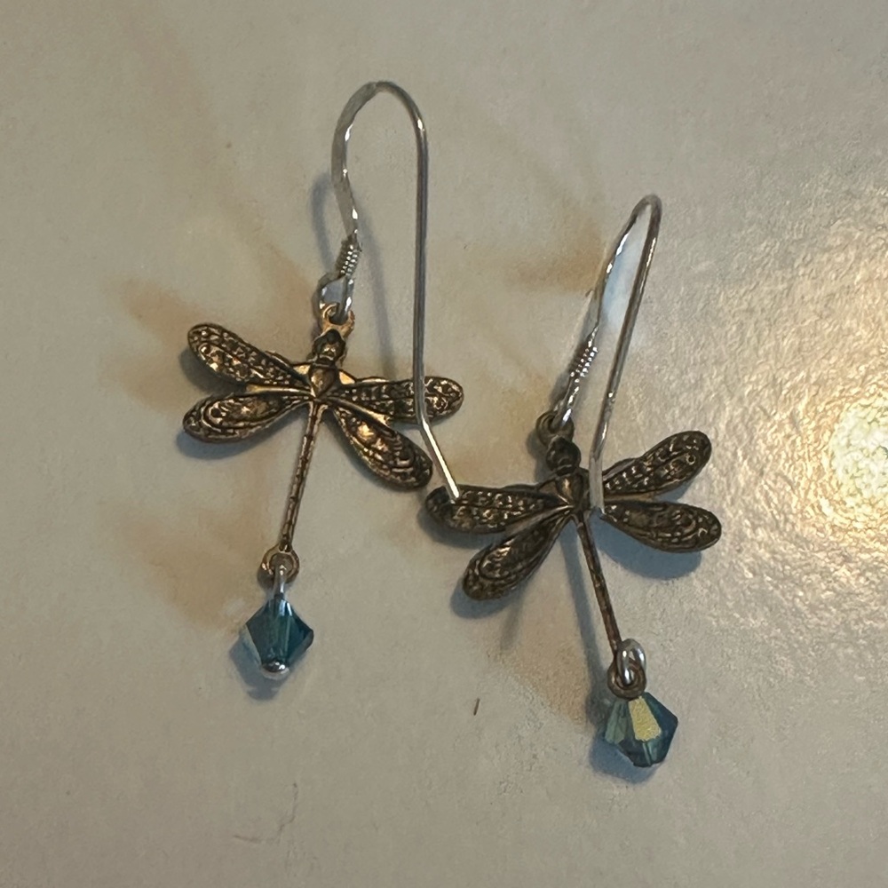Sterling Silver Dragonfly Earrings with Blue Stone